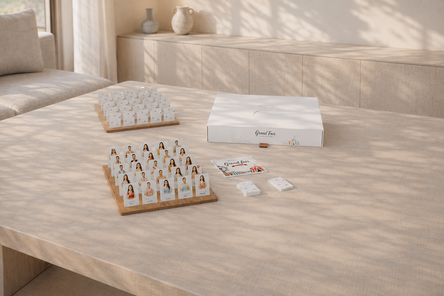 A full set on a table, showing two boards of personalised cards beside the box