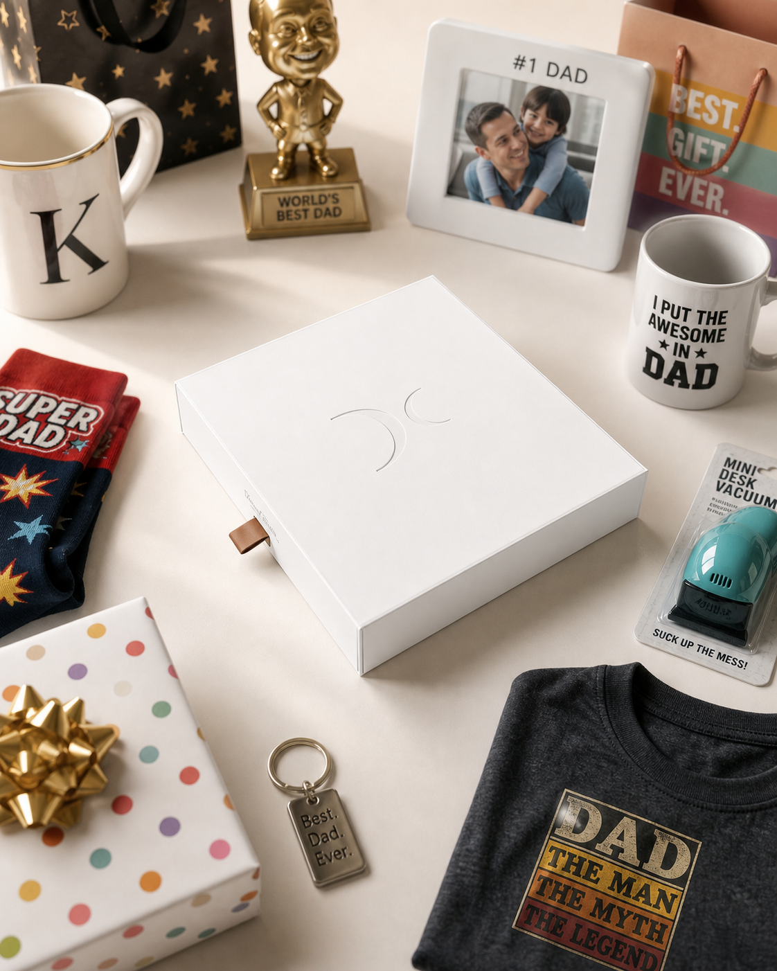 The clean Persona box among a pile of novelty Best Dad gifts