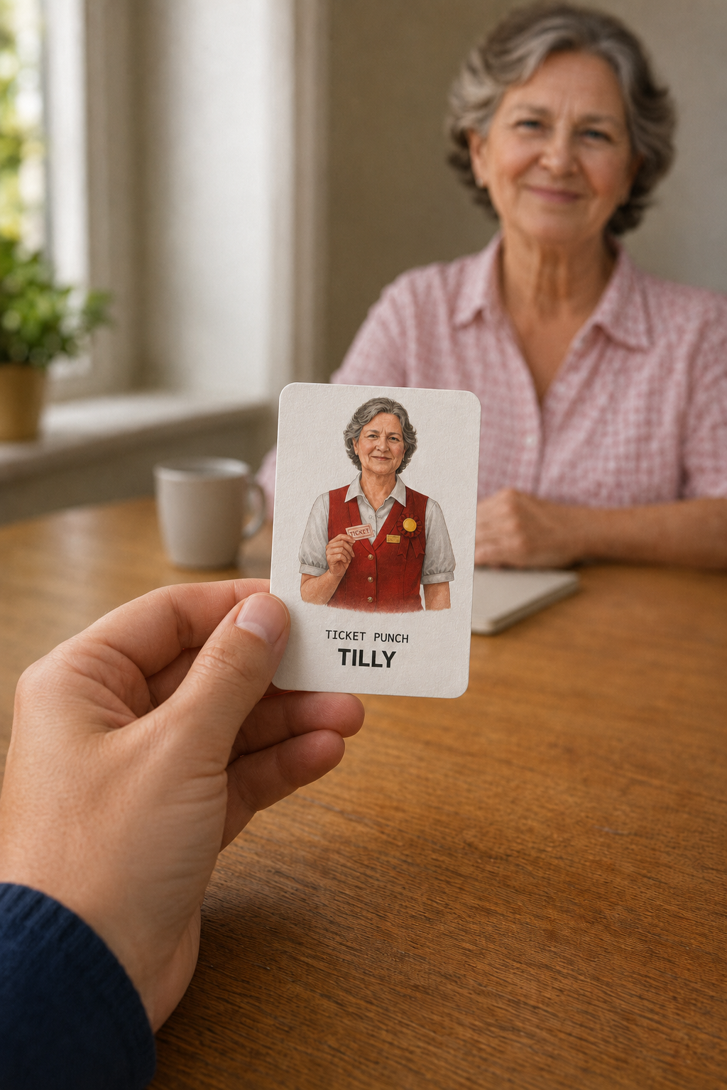 A hand holding a Ticket Punch Tilly card, with the real person smiling behind it